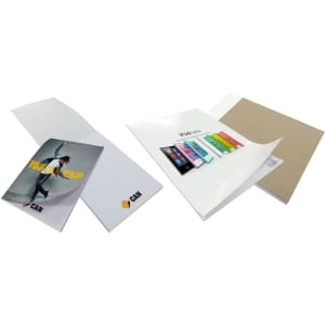 A6 wrap over cover notepad featuring a colourful design, with plain white pages and a cardboard backing.