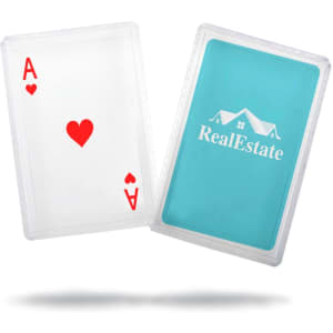 A set of playing cards in a clear plastic case, featuring a red Ace of Hearts and a blue back with a logo.