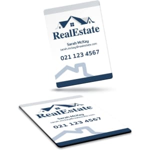 A 50 x 50mm fridge magnet featuring a blue and white design, with a logo and contact information.