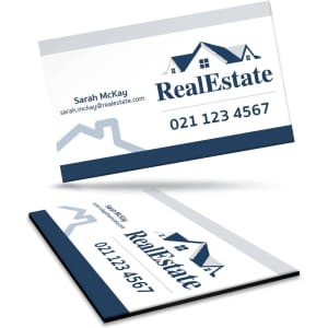 A fridge magnet in white and navy, mimicking a business card shape, with a logo and contact details.