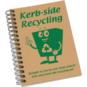 Aspiral-bound A6 notebook with a brown kraft cover and a green recycling-themed design featuring a smiling character.