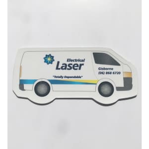 A van-shaped fridge magnet in white, featuring a logo and contact details. It measures 89 x 47 mm.