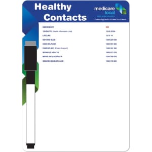 A5 magnetic whiteboard with a white surface, featuring a black marker and a logo in the top corner.