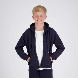 A navy zip-up hoodie for kids, featuring a hood and front pockets, with a simple branding logo.