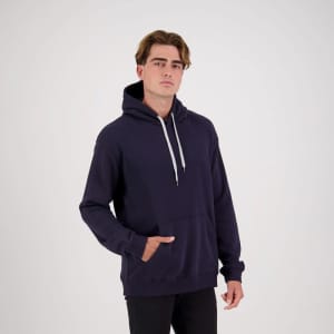 A navy blue hoodie featuring a front pocket and a drawstring hood, with a casual fit and a logo on the chest.