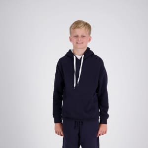 A navy blue kids' hoodie featuring a front pocket and a white drawstring. It includes a logo on the garment.