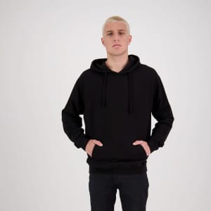 A black hoodie with a front pocket and a drawstring hood, featuring a small logo.