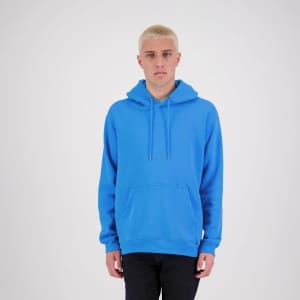 A blue men's hoodie with a front pouch pocket and drawstring hood, featuring a logo on the front.