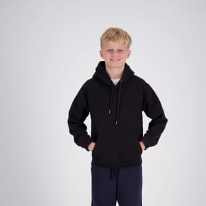 A black hoodie for kids featuring a front pocket and a hood, presented on a smiling child.