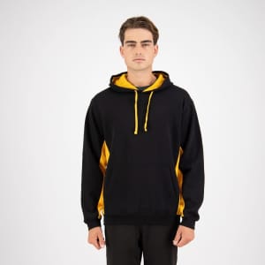 A black hoodie with yellow accents, featuring a front pocket and a drawstring hood, has a logo on it.