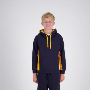 A navy blue hoodie with yellow accents, featuring a front pocket and a hood. The product includes a logo.