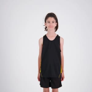 A black kids' singlet featuring yellow accents, paired with black shorts. The product includes a logo.