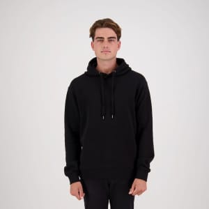 A black hoodie with a drawstring hood, featuring a logo and no pockets.