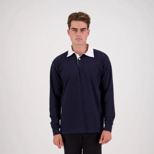 A classic rugby jersey in navy blue with a white collar, featuring a logo on the chest.