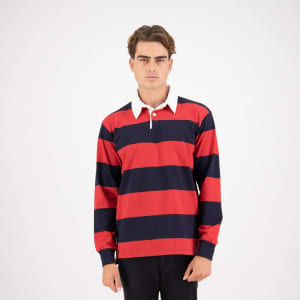 A striped rugby jersey in red and navy, featuring long sleeves and a white collar, with a logo on the chest.