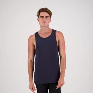 A navy blue singlet displayed on a model against a neutral background. It features a simple design and a logo.