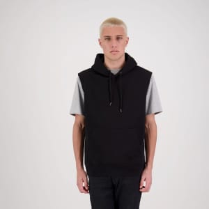 A sleeveless pullover hoodie in black, featuring a front pocket and a hood, worn over a grey t-shirt.