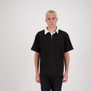 A short-sleeved rugby jersey in black with a white collar, featuring a logo on the chest.