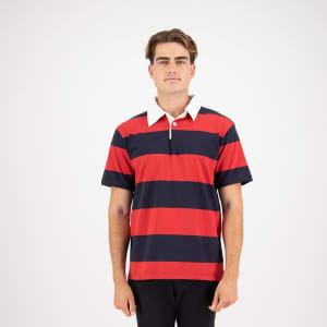 A short-sleeved striped rugby jersey in red and navy, featuring a white collar and a logo.