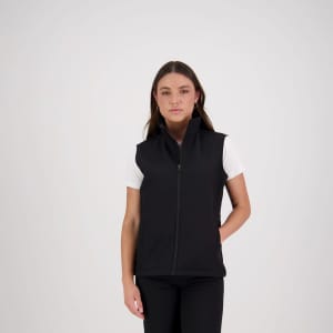 A black softshell vest for women, featuring a zip front and a stand-up collar. Includes a logo.