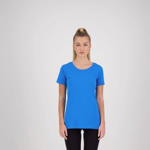 A blue women's t-shirt with short sleeves, featuring a fitted design and a logo on it.