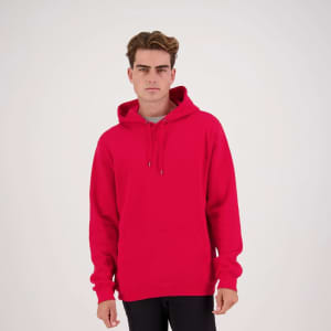 A red men's hoodie featuring a front pocket and a hood, with a visible logo.