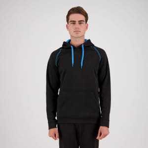A black pullover hoodie featuring blue accents and a front pocket, displayed by a model.