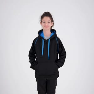 A black hooded jumper with blue drawstrings, featuring a solid colour design and a logo.
