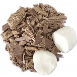 A pile of chocolate shavings in varying brown tones with two white marshmallows beside them.