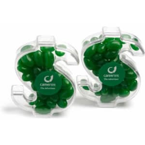 Two clear acrylic dollar symbols filled with green mini jelly beans, featuring a logo on the front.