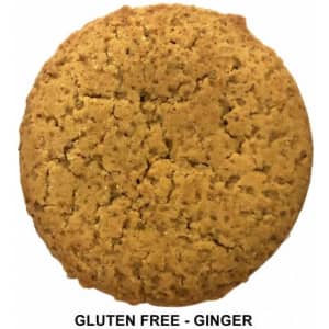 A gluten-free ginger biscuit, round and golden brown, displayed against a white background.