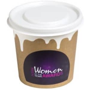 A coffee cup with a white lid and a brown cardboard exterior, featuring a branding logo.