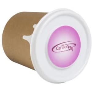 A coffee cup with a white lid and a brown cardboard body, featuring a logo on the front.