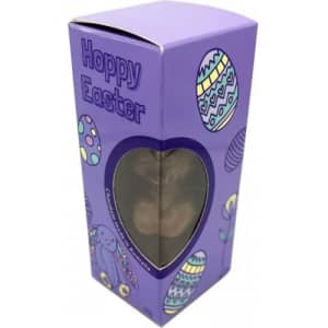 A purple box with Easter-themed designs contains a chocolate Easter bunny inside a clear window.