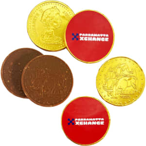 A selection of chocolate coins in gold and brown, featuring round shapes with a branded logo on one side.