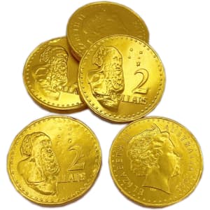 Six gold chocolate coins, featuring a mesh bag, each embossed with a design on both sides.
