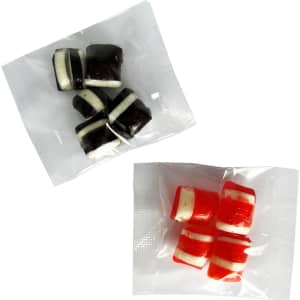 Assorted humbugs in black and white, and red and white, packaged in clear bags. Each bag contains multiple pieces.