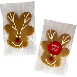 Gingerbread cookies shaped like reindeer, featuring white icing details and a red candy nose, packaged individually.