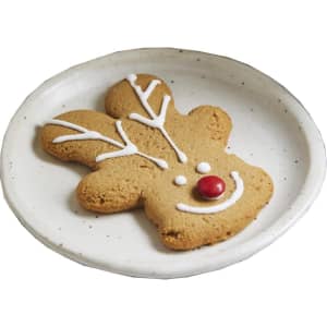 A gingerbread reindeer cookie in a light brown colour, decorated with white icing and a red candy on a white plate.