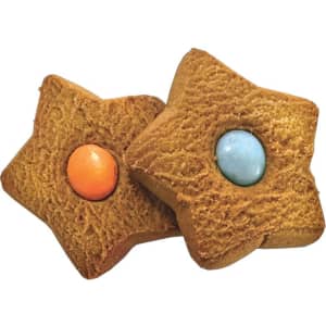 Two star-shaped ginger biscuits, one with an orange centre and the other with a blue centre, on a white background.