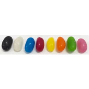 A row of jelly beans in various colours: black, white, blue, red, yellow, green, orange, and pink.