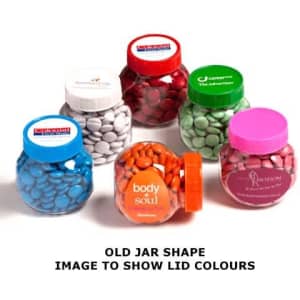 A collection of plastic jars filled with multicoloured choc beans, featuring various coloured lids and a logo on each jar.