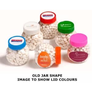 A collection of plastic jars filled with white mints, featuring various coloured lids and logos.