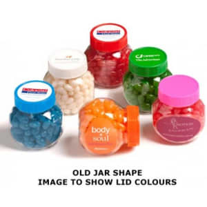 A collection of plastic jars filled with colourful jelly beans, featuring various lid colours.