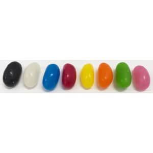 A row of jelly beans in various colours, including black, white, blue, red, yellow, orange, green, and pink.