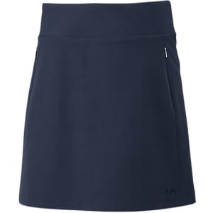 A navy skort featuring a flat waistband and side zip pockets, with a logo on the hem.