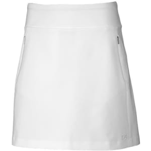 A white skort with a sleek design featuring zippered pockets and a logo on the front.