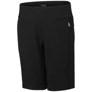 A black pull-on short featuring a sleek design, with pockets and a branded logo. Suitable for casual wear.