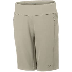 A pair of light grey dress shorts with a wide waistband and a small logo. Features side pockets.