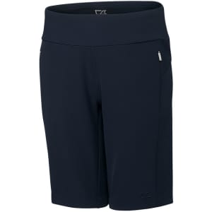 A pair of navy blue dress shorts featuring a smooth waistband and a side pocket. The shorts have a logo on the side.